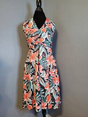 HUHOT Tropical Floral Halter Midi Dress Size L Open Tie Neck Fit Flare Summer